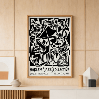 Harlem Jazz Print framed print of an abstract black and white jazz band above a sideboard with vases
