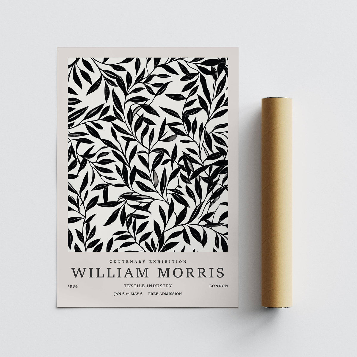 Black and White Vintage Wall Art print with black leaf branches laid flat next to a packaging tube