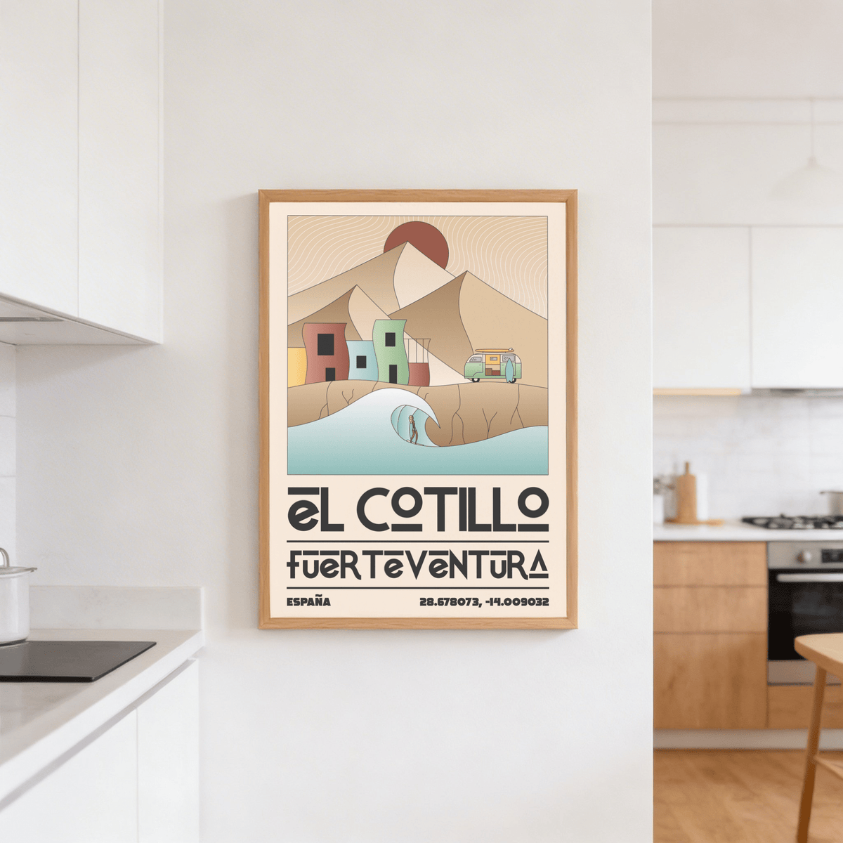 El Cotillo Surfing Poster minimalist line-art of surfer in wave in a kitchen
