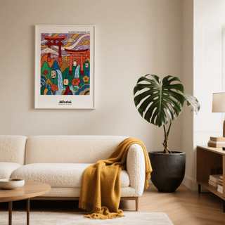 Japanese garden art print with floating torii gates in bright colours above a cream sofa with mustard throw