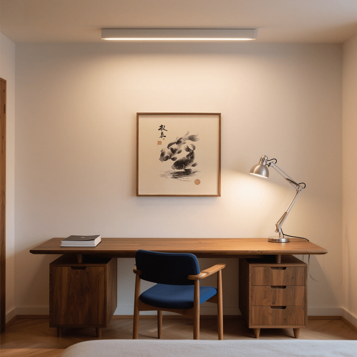 Print on a wall in a room with a wooden desk and blue chair featuring black koi fish in japanese-ink style