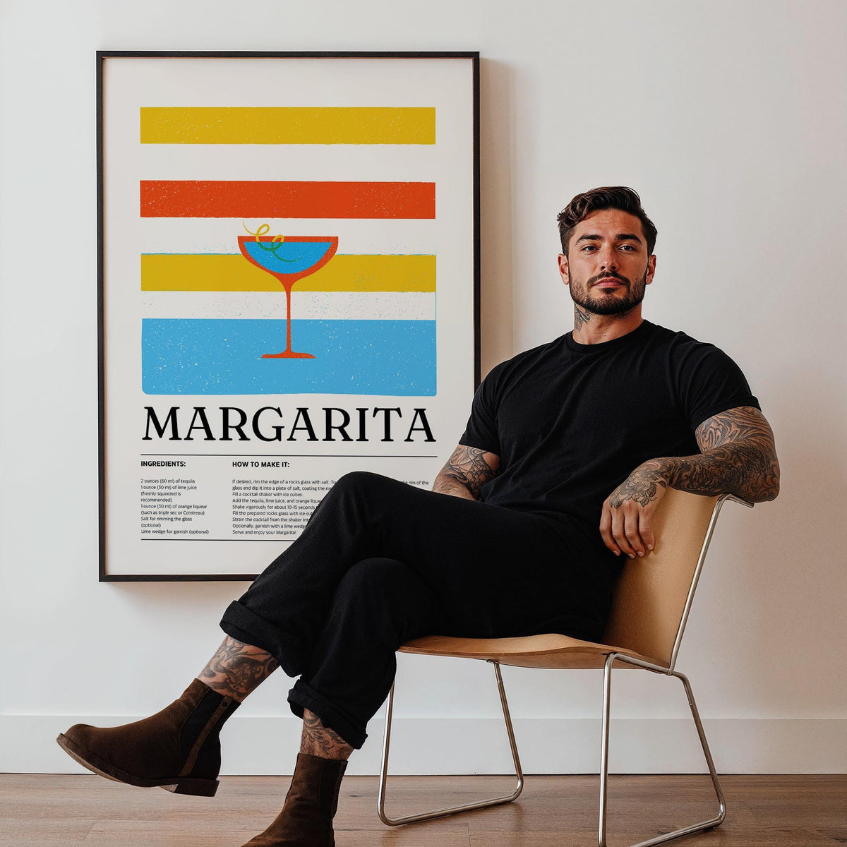 Margarita wall art with bright blue and orange minimalist illustration beside a man seated on a chair
