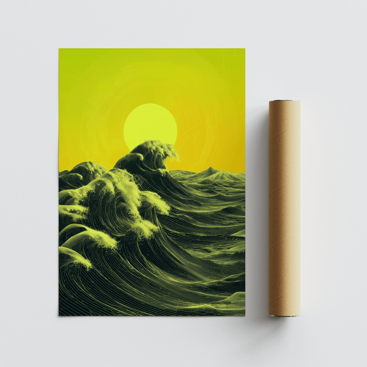 Abstract Ocean Art Print flat with bright yellow sun and dark green waves with line details beside a packaging tube
