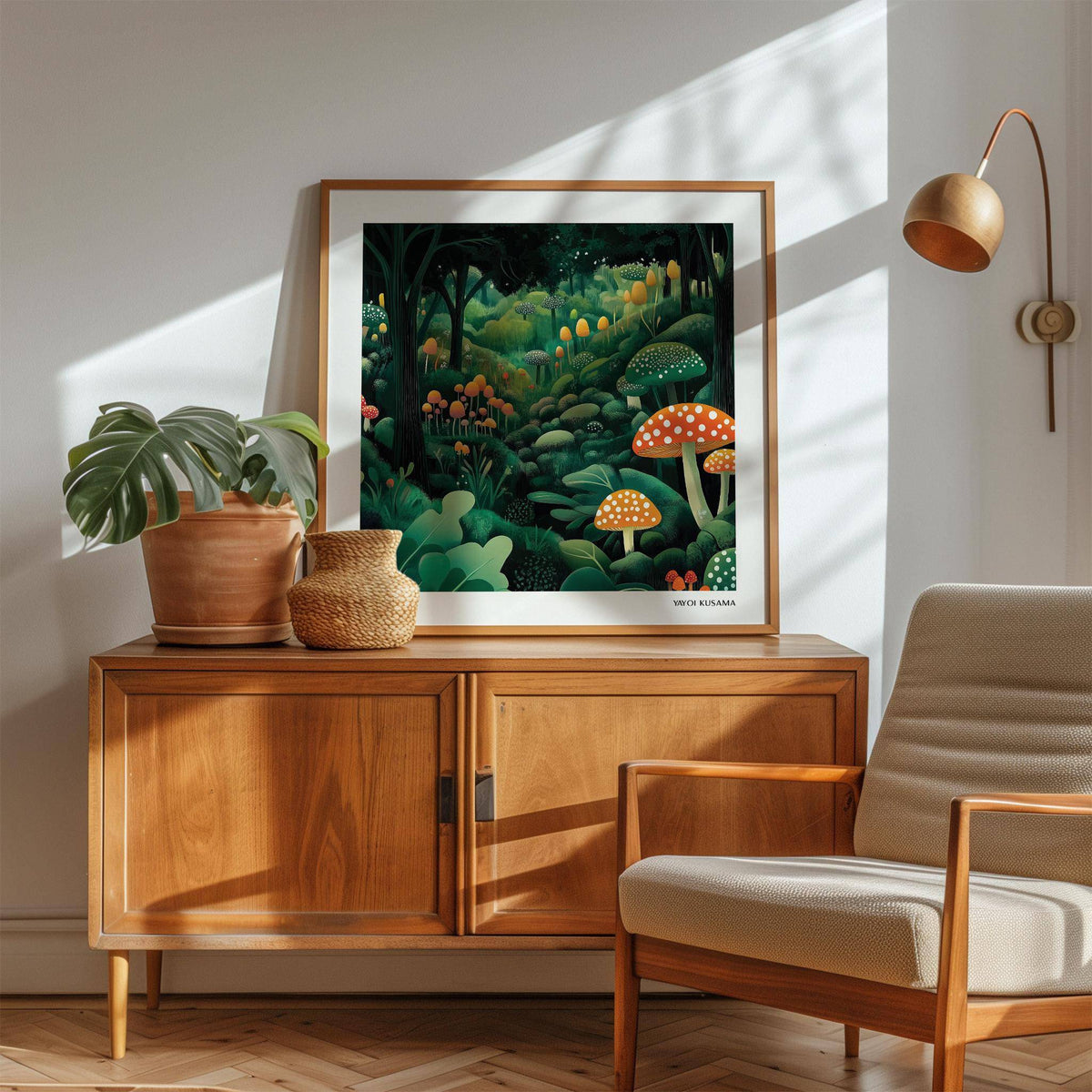 Print leaning on a shelf of colourful mushrooms in green forest with a plant and basket