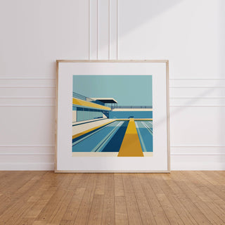 Pool print minimalist urban swimming pool illustration leaning on wooden floor against white wall