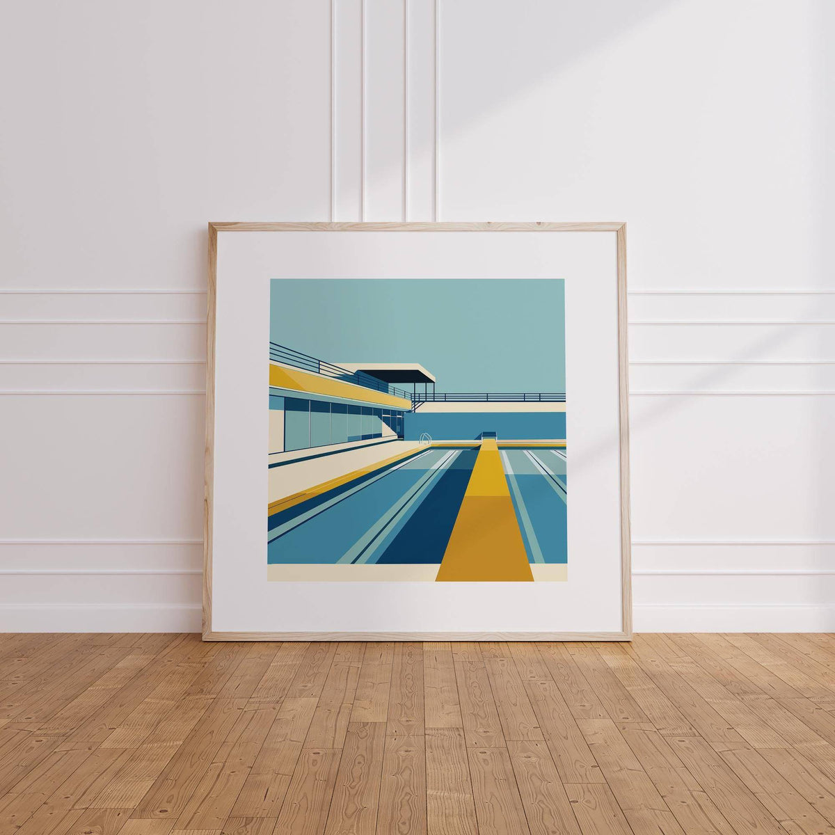 Pool print minimalist urban swimming pool illustration leaning on wooden floor against white wall