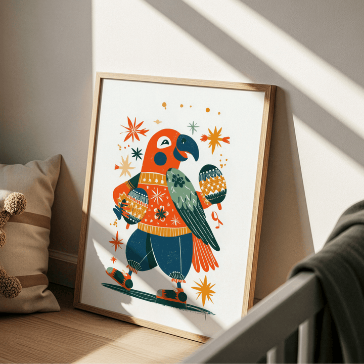Playful Animal Poster print leaning on the floor with a cushion beside it in warm sunlight