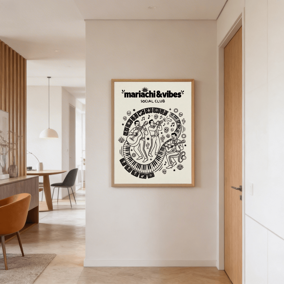 Mariachi Art Print featuring black and white line-art musicians in a white hallway above a beige rug