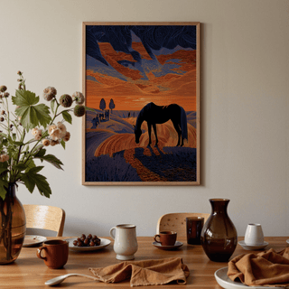 Framed Horse Sunset Art Print with black horse silhouette and orange sky above a dining table with crockery