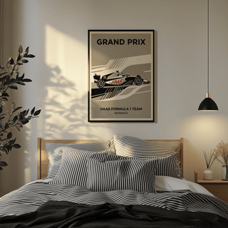 Motorsport wall art print featuring stylized race car with number 20 and dynamic track stripe design