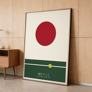 Framed Japanese Tennis Art Print with a red circle and tennis ball leaning against a wooden wall