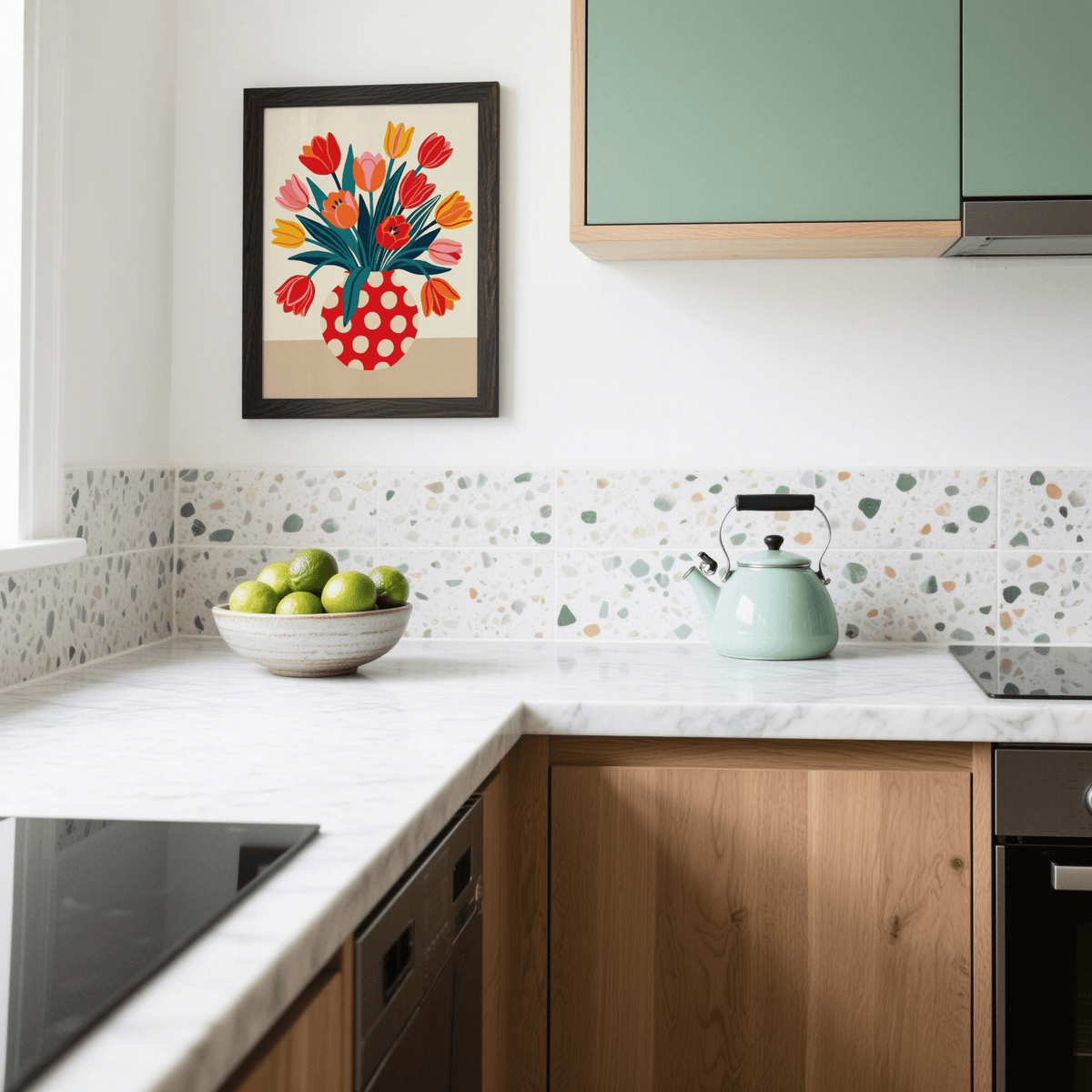 Floral Art Print of a tulip bouquet in a red polka dot vase in a kitchen above a marble countertop