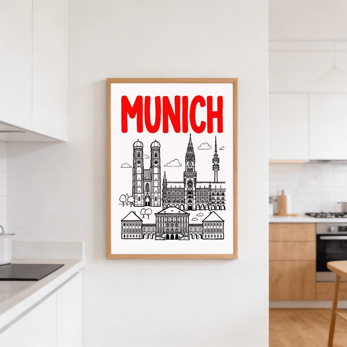 Munich City Poster hanging on a white kitchen wall with red and black city skyline illustration