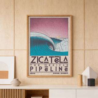 Mexican Beach Art framed print of a vintage illustrated ocean wave above decorative ceramics