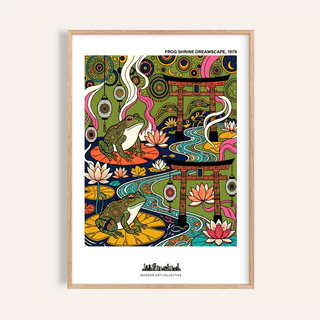 Framed Japanese frog art print with colourful detailed lilies and a stylised stream