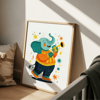 Print leaning on a floor showing an elephant playing trumpet in bright colours near a cushion