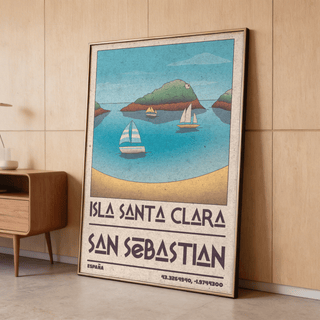 Island Vacation Poster print leaning against a wooden wall with mid century style wooden shelf nearby