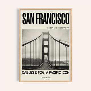 Framed Golden Gate Bridge Art Print showing the bridge in black and white with large black text