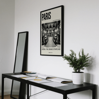 Paris Opera art print with grand staircase in black and white above a desk with papers and a plant