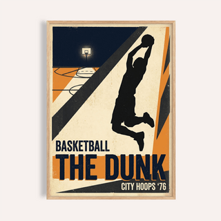 Framed Basketball Dunk Art Print of a silhouette player dunking in retro orange and navy colours