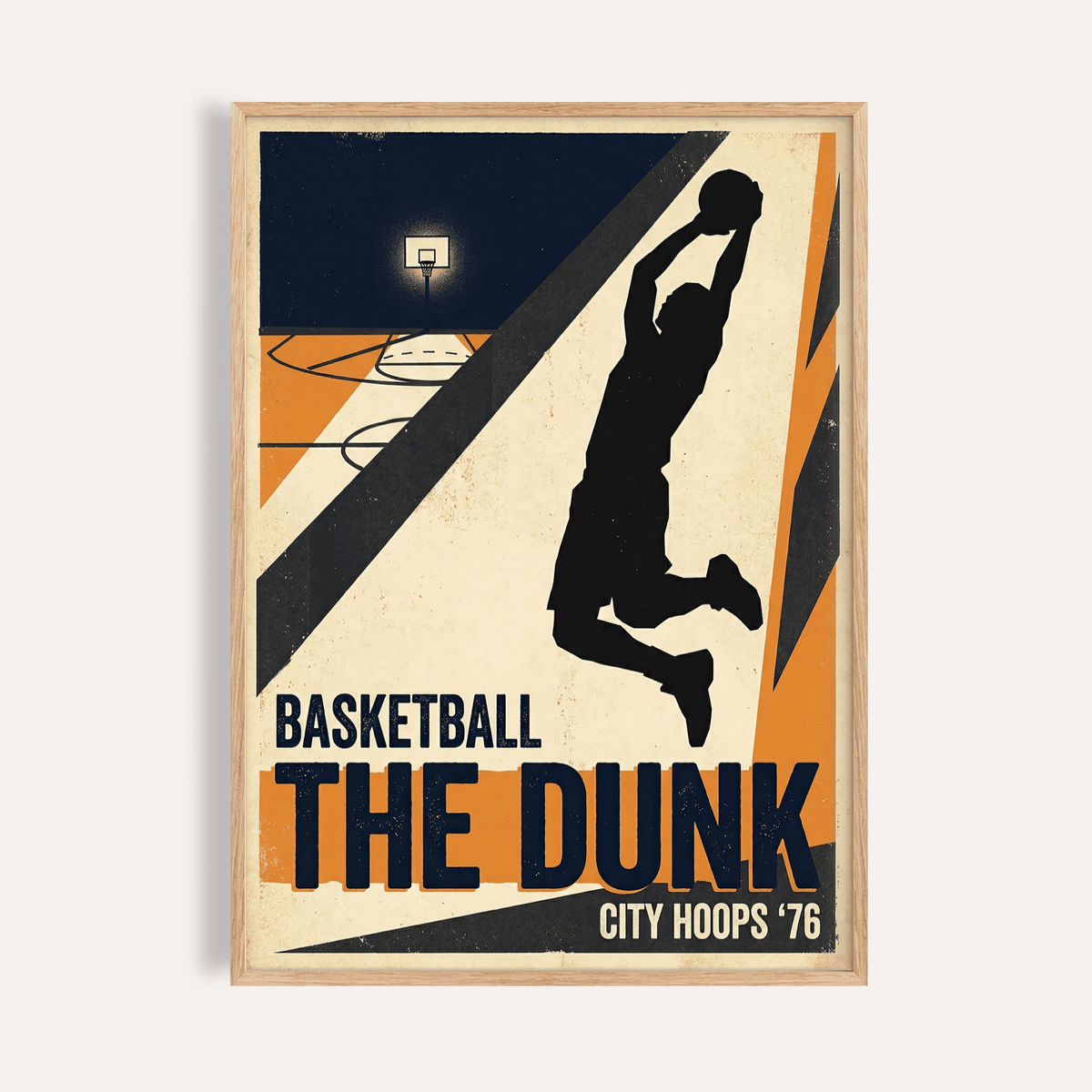 Framed Basketball Dunk Art Print of a silhouette player dunking in retro orange and navy colours