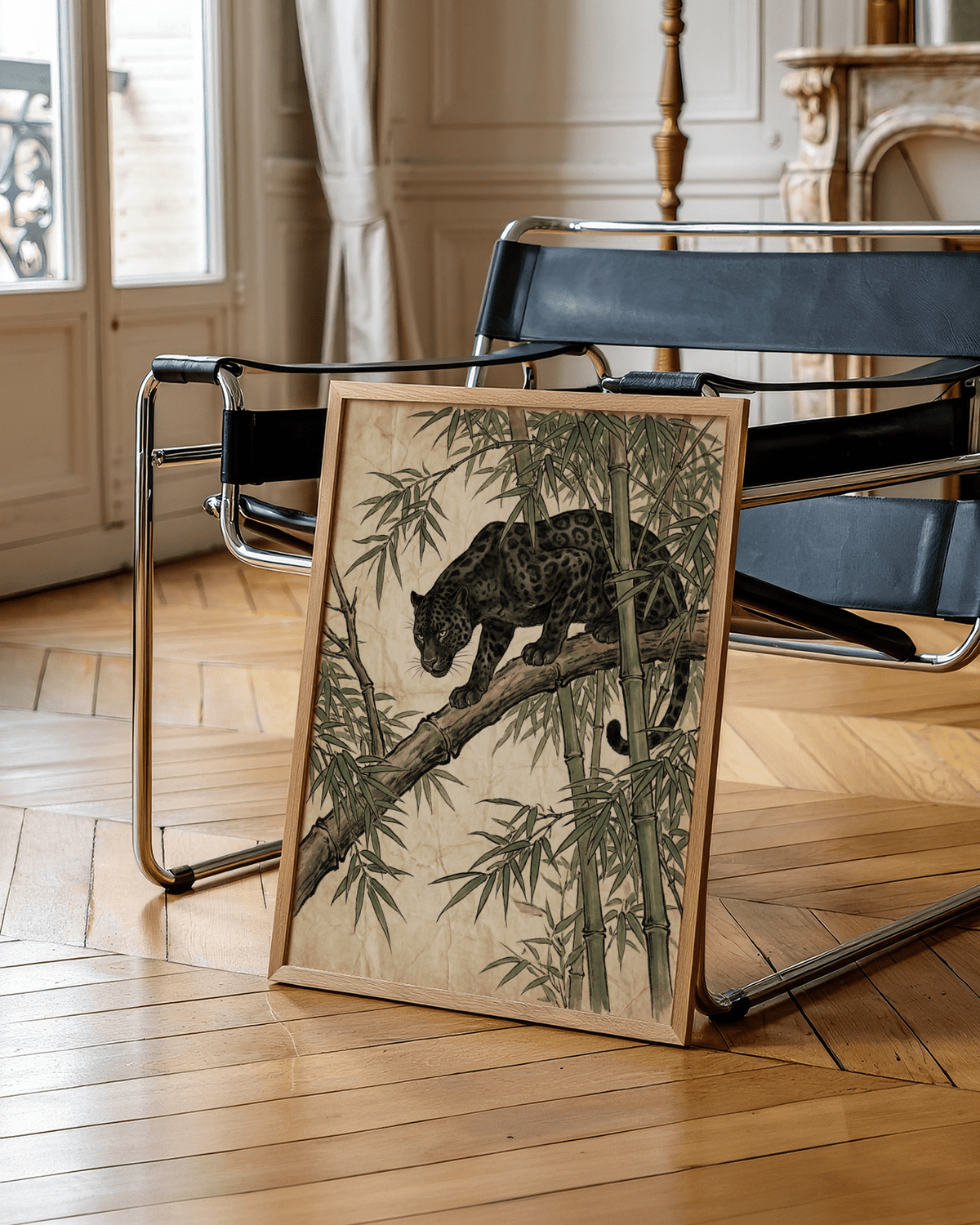 Framed Black Panther wall art print leaning on a chair with wooden frame and botanical illustration style