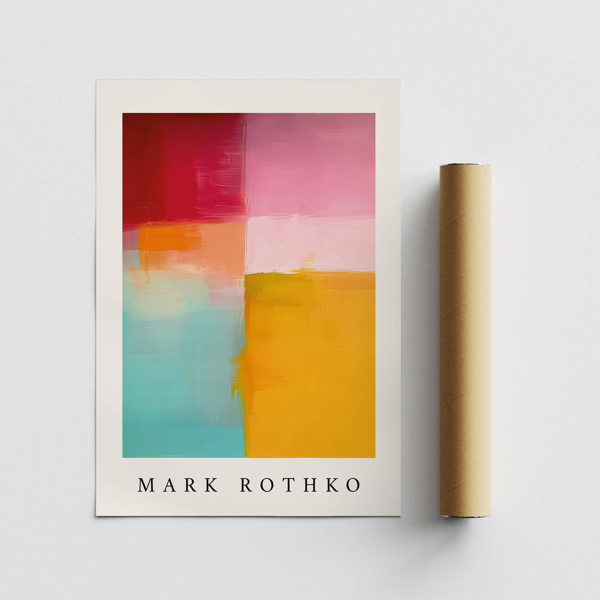 Abstract color block art with vivid red, pink, and yellow tones
