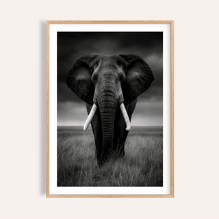 Framed Black And White Elephant Print of an elephant with tusks in tall grass