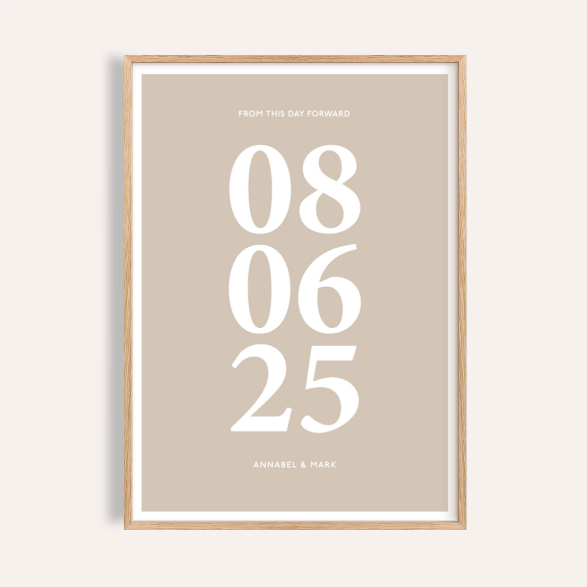 Framed Anniversary Date Print with large white numbers on a beige background in a minimalist style