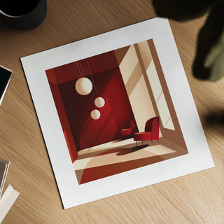 Architectural Interior Art print with hanging spherical lamps and modern armchairs on wood surface