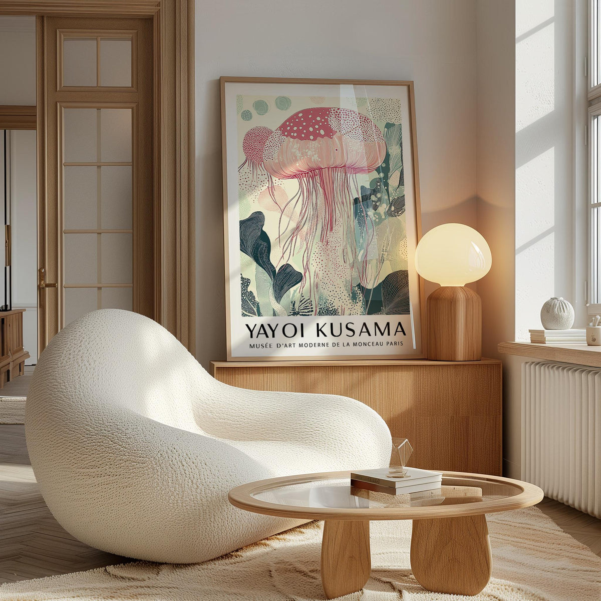 Sea animal wall art of a pink jellyfish with green foliage leaning on a wooden sideboard with lamp