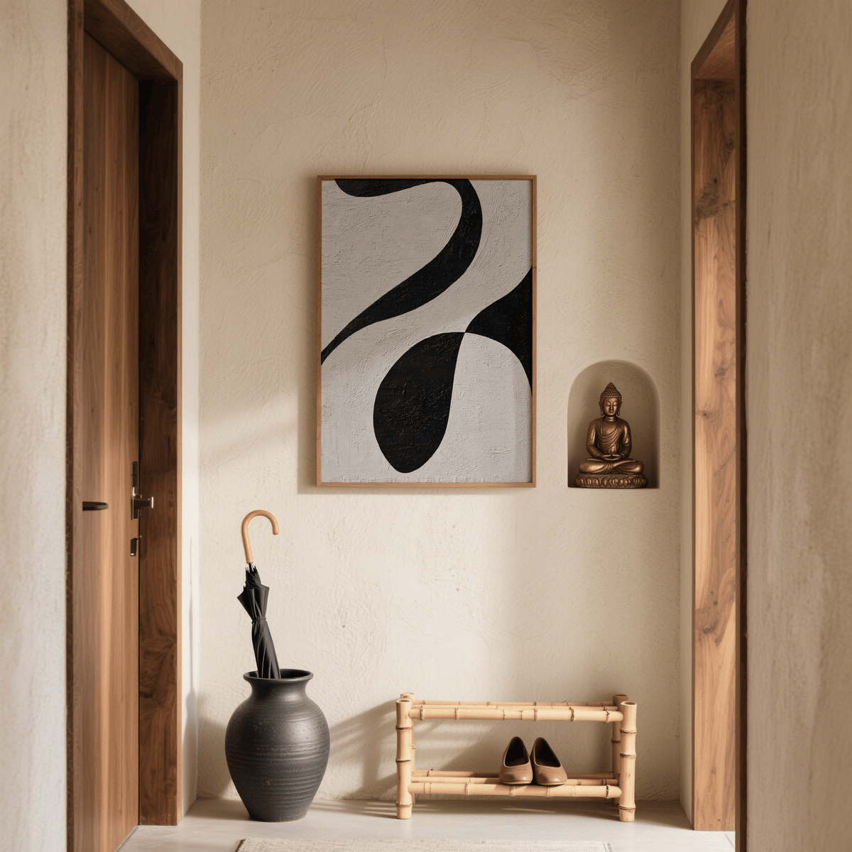 Abstract Black and White Art featuring a black abstract shape on white wall above bamboo bench in hallway