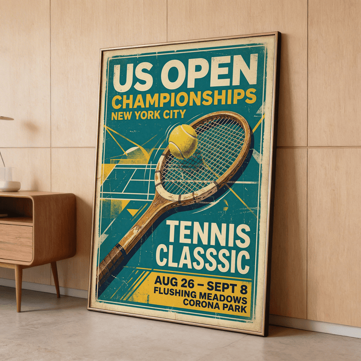 Vintage New York Tennis Print leaning on a floor against a wooden wall with retro typography and teal yellow colours