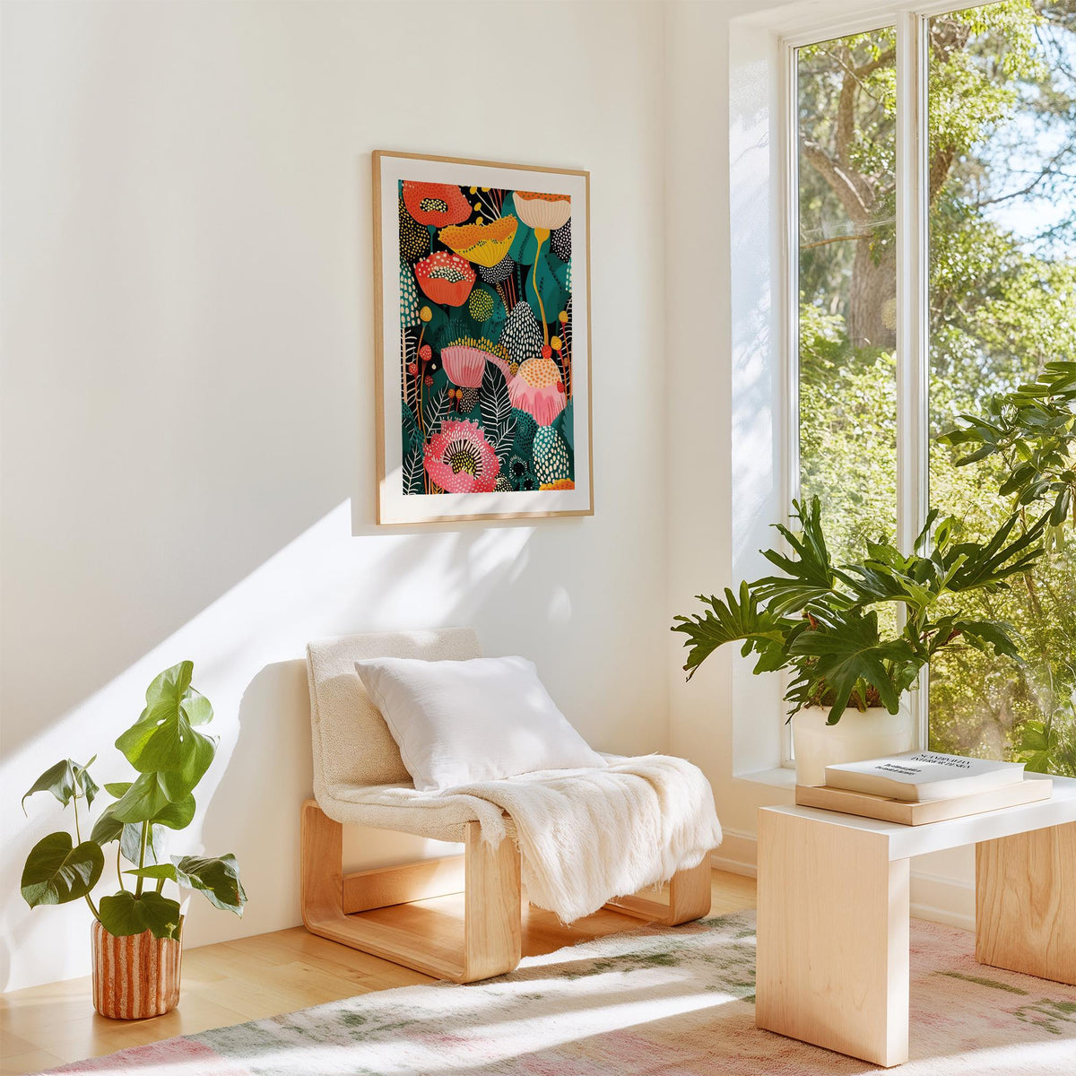 Flower wall art decor showing colourful abstract flower bouquet in a bright modern room with plants