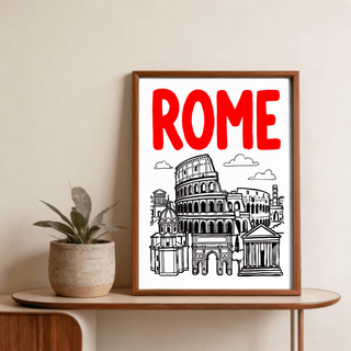 Framed Rome City Art Print with minimalist line art of the Colosseum and Roman buildings on a table next to a potted plant