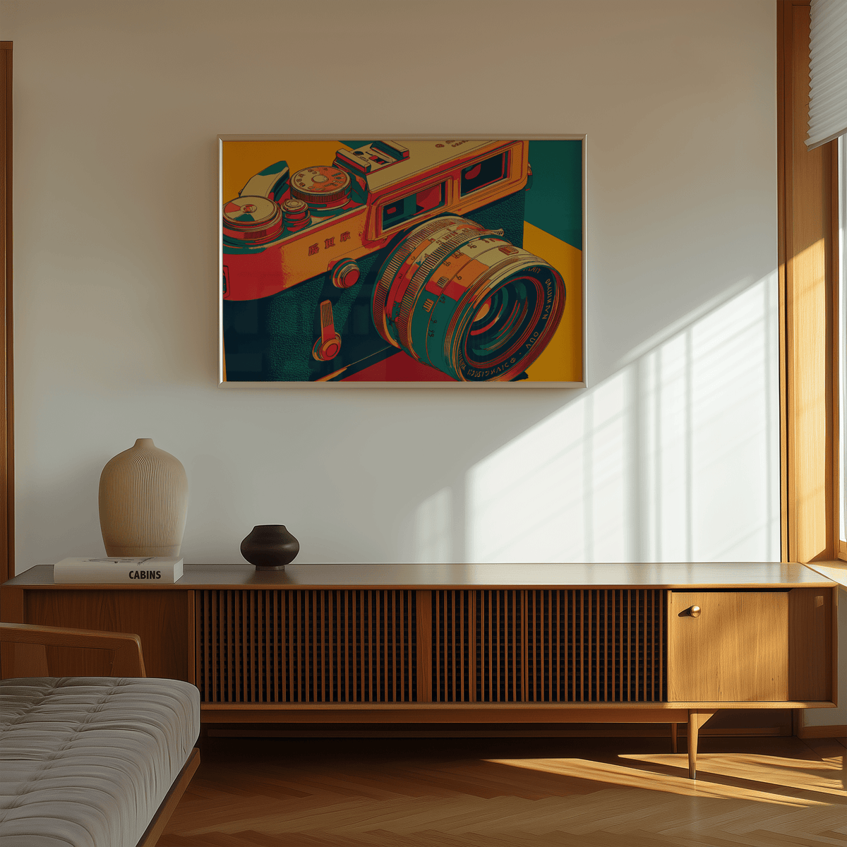 Vintage Camera wall art pop art illustration with orange and teal colours above a wooden sideboard in a living room