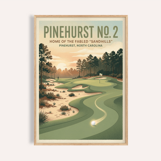 Featuring Carolina Golf Course Art Print with winding fairway, sand bunkers, and flag on the green