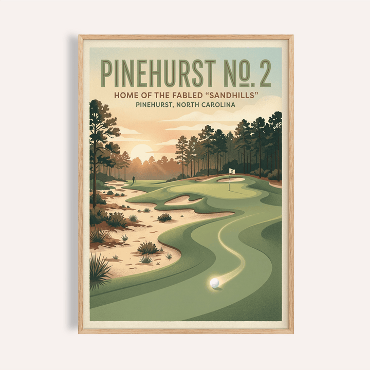 Featuring Carolina Golf Course Art Print with winding fairway, sand bunkers, and flag on the green
