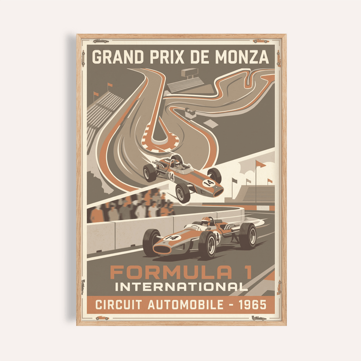 Featuring 1965 Racing Circuit Wall Art poster with Grand Prix de Monza track map and vintage Formula 1 car illustration