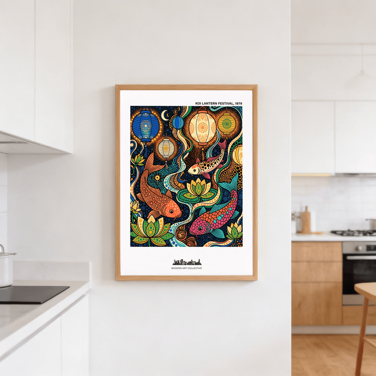 Colorful Koi Fish poster with vibrant koi and lanterns in a contemporary kitchen