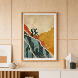 Mountain Biking Art Print of abstract cyclist climbing hill with orange and blue shapes on a wooden wall