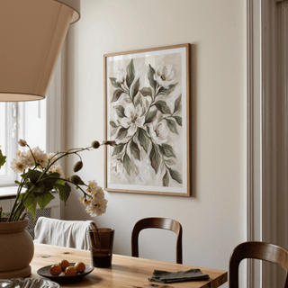 Magnolia wall decor watercolour print with white flowers and green leaves in a dining area with wooden furniture