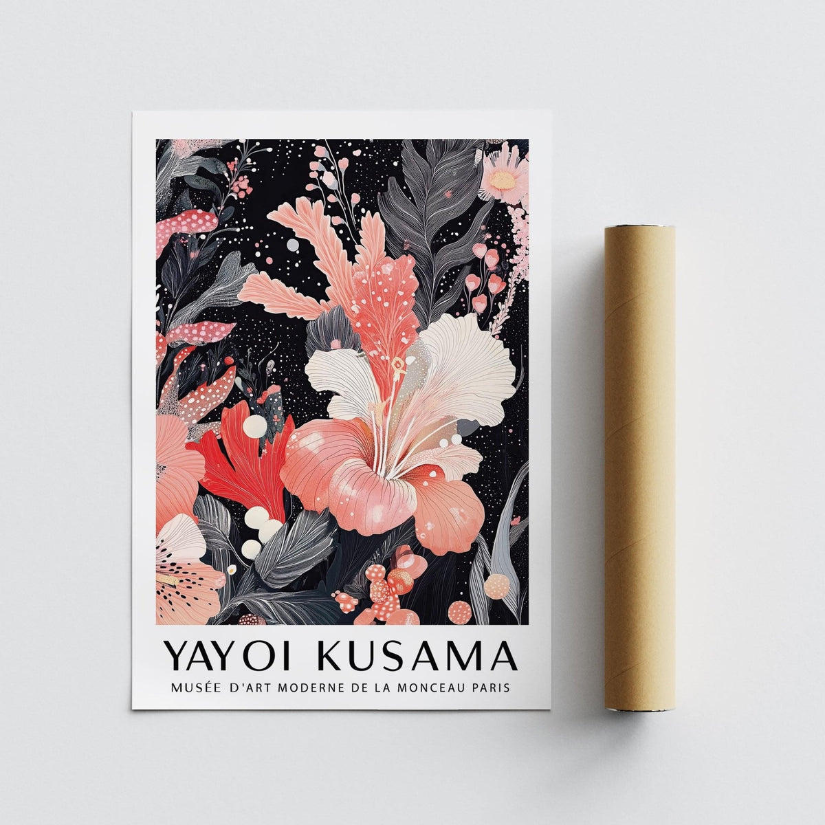 Black and Pink Wall Art print with a pink hibiscus flower shown flat next to a packing tube