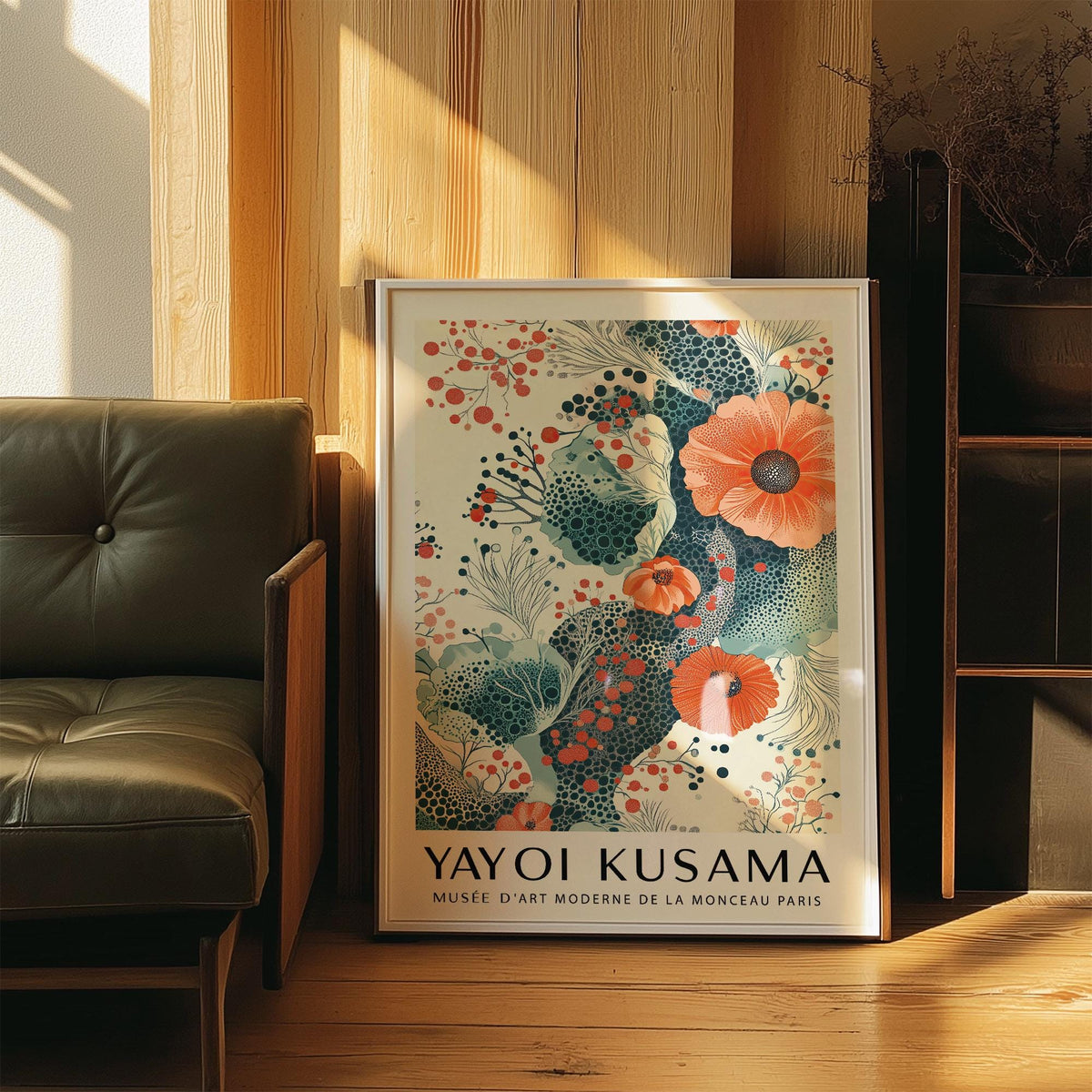 Framed Orange and Teal Decor print with orange flowers and abstract foliage leaning against a wood wall next to a green armchair