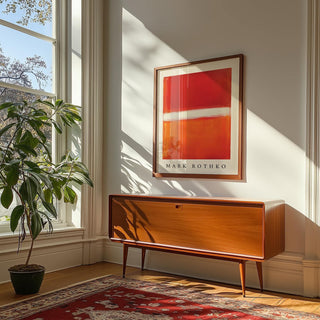 Orange Abstract Art framed print with red and orange blocks above a mid century wooden sideboard in a bright room