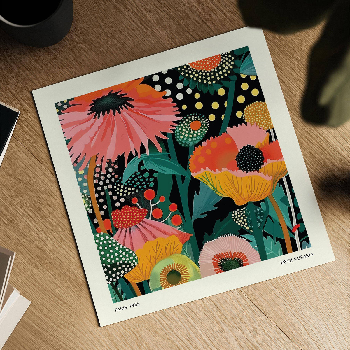 Floral wall hanging of stylized flowers with pink orange yellow and green hues on a wooden surface next to a cup