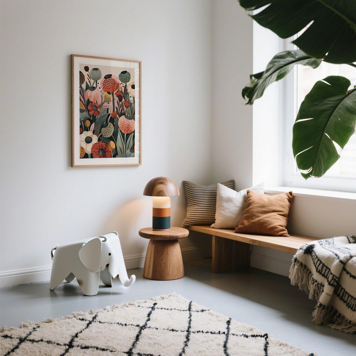 Floral print wall art with poppy seed heads in warm tones on a white wall above a wooden side table and toy elephant