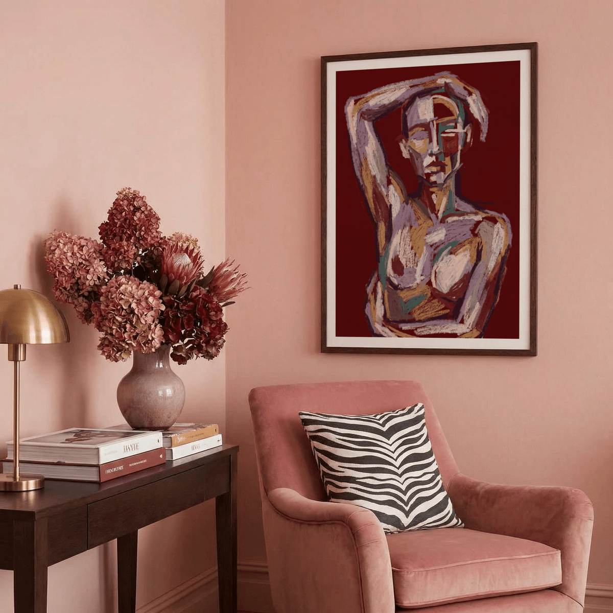 Contemporary Figure Art framed print of an abstract human in muted colours in a pink living room with a flower vase