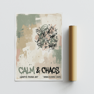 Urban Graffiti Art Print flat on white surface beside a brown packaging tube with abstract scribbles
