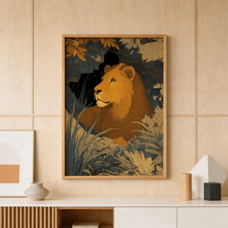 Wildlife art print of a lioness in warm tones hanging above a wooden sideboard with vases